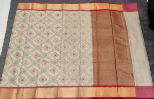 Kanchipuram Silk Printed Cream Saree by Arpit Fabrics