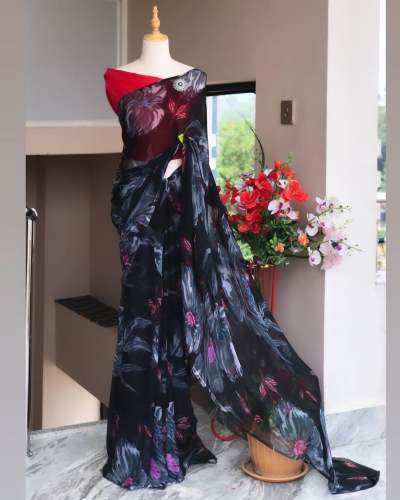 Banglory Satin Soft Georgette Digital Print Saree For Women
