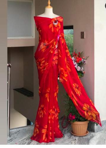 Digital Flower Printed Soft Georgette Saree For Women
