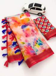 Linen With Golden jari patta with Digital print saree