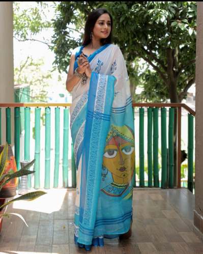 Plain Linen Digital Printed Saree With Digital Print Blouse