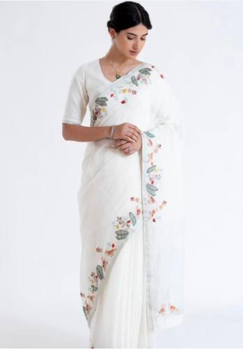 White Linen Digital Printed Saree For Women