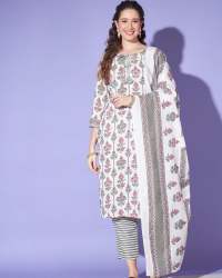 Casual Wear Off White Cotton Print 3pcs Suit 