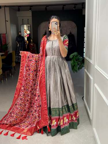Designer Dola Silk Patola Print Gown With Patola Dupatta 