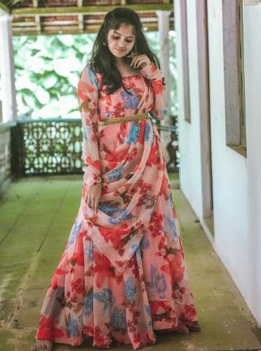 Latest Georgette Floral Printed Gown with Dupatta and Belt