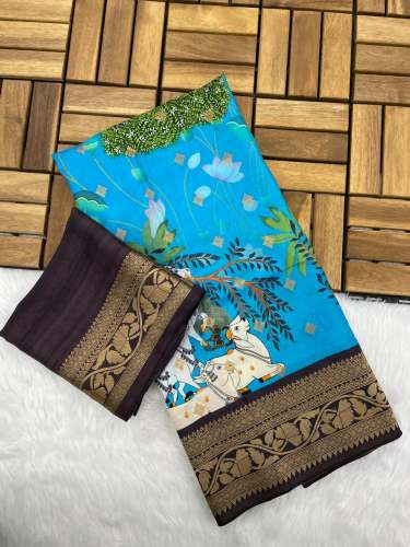 Premium quality viscose Dola silk Digital kalamkari pichwai sarees