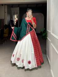 Pure Cotton Printed With Original Mirror Work White Lehenga 