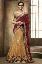 Maroon And Gold Chiffon Silk Mirror Work Lehenga Saree 