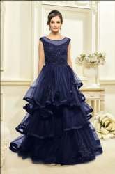 New Collection Blue Designer Ruffle Party Wear Sleeveless Gown 