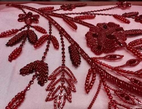 Red Hand Beaded Embroidered Fabric 