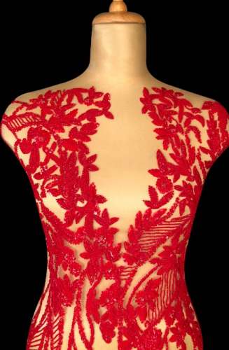 Red Beaded Fabric by Sajavat Couture
