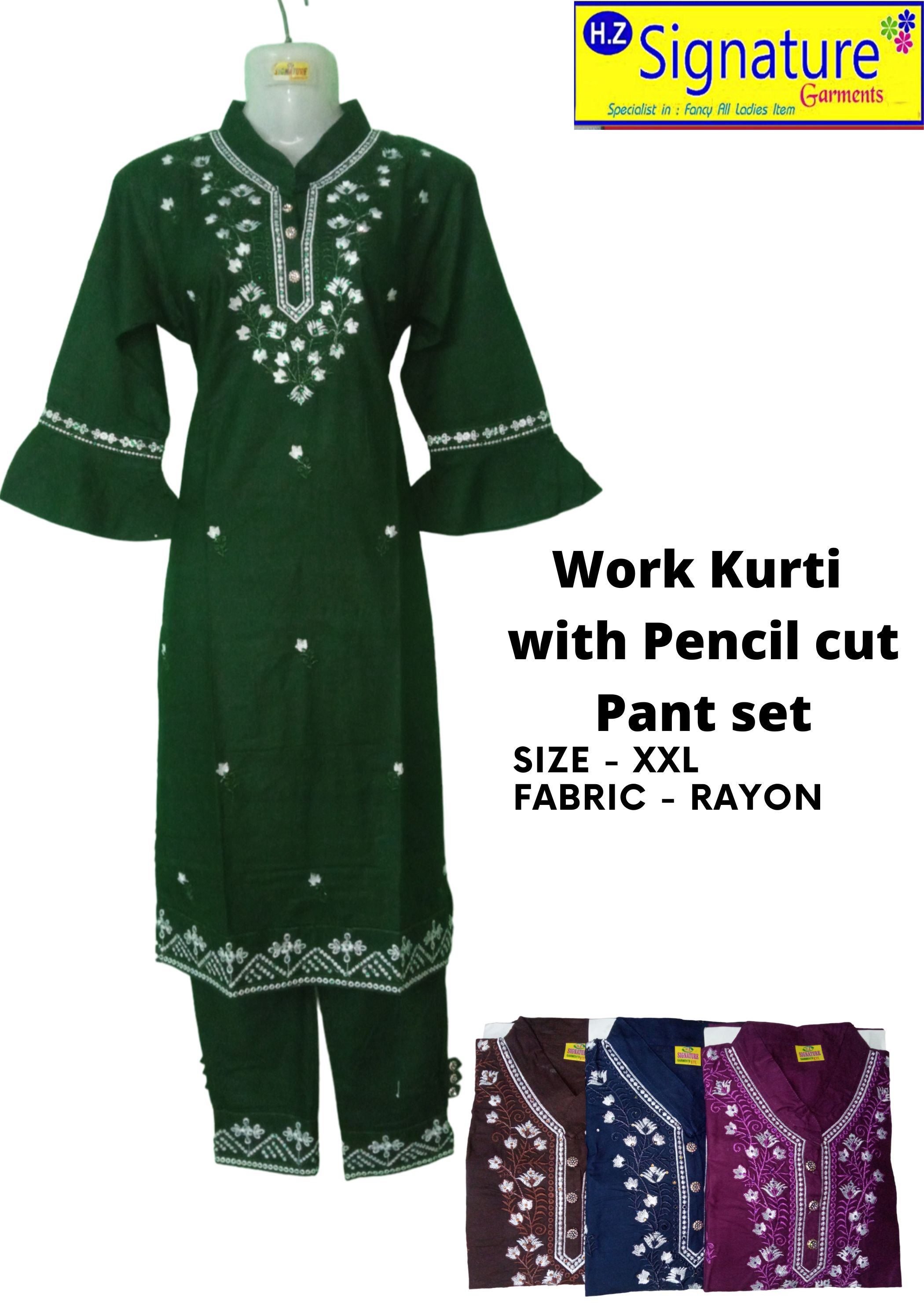 Embroidery designs Kurti With pencil cut Pant for women  by HZ Signature Garments