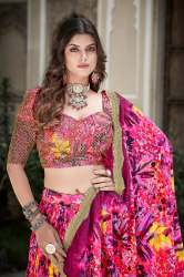CRUSHED CHINON LEHENGA WITH BRIGHTLY PRINTED SEQUINS WORK
