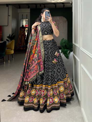 New Tussar Silk Bandhej And Patola Print With Foil Work Lehenga Choli by Shri Bankey Bihari Textile Company