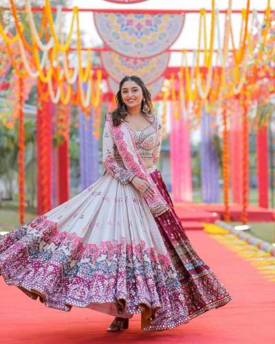 Printed Lehenga Choli In Heavy Butter Silk by Shri Bankey Bihari Textile Company