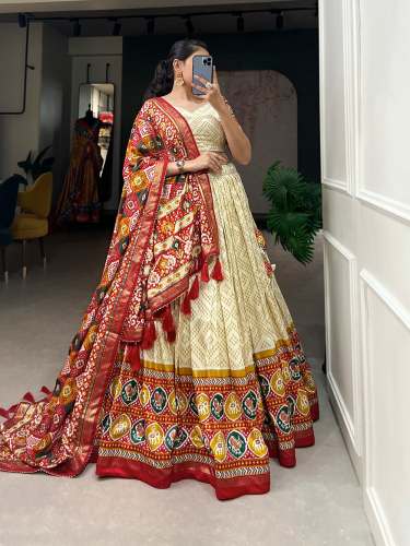 Tussar Silk Bandhej And Patola Print With Foil Work Lehenga Choli