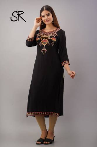 Black Embroidery Work Straight Kurti by Ikkal