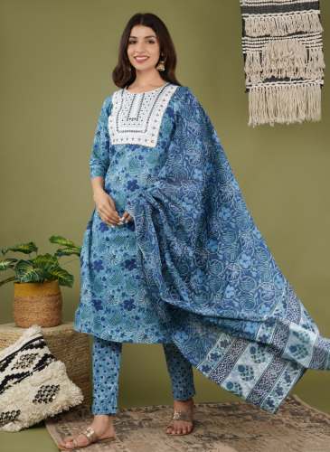  Blue Cotton Embroidery and Mirror Work Kurti Pent Dupatta Set by Ikkal