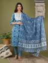  Blue Cotton Embroidery and Mirror Work Kurti Pent Dupatta Set thumb 3