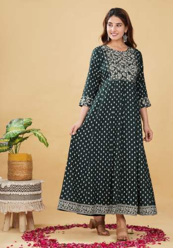 Green Rayon Silk Embroidery and Mirror Work Long Gown by Ikkal