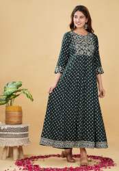 Green Rayon Silk Embroidery and Mirror Work Long Gown