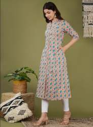  PEACH COLOR A LINE PRINCES CUT BOTH SIDE POCKET KURTI