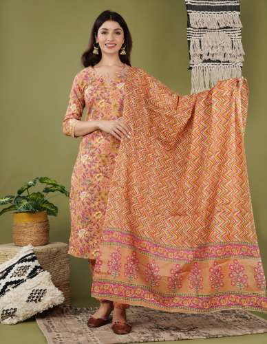 PEACH KURTI PANT DUPATTA WITH MIRROR WORK ON KURTI YOKE