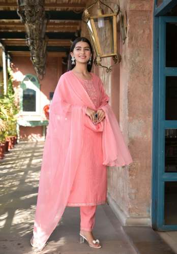 Pink Rayon Lurex Hand Adda And Embroidery Work kurti Pent With Chiffon Dupatta Set by Ikkal