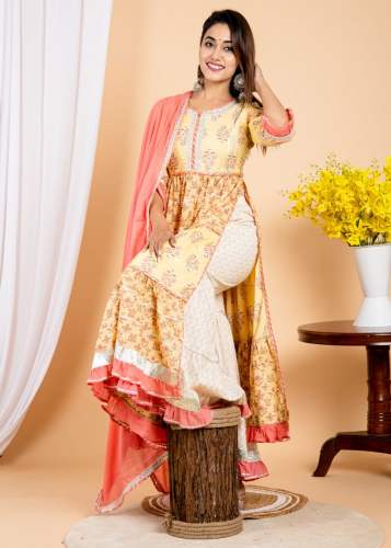  Yellow Complete Gotta Lace Work Cotton Long Kurti Sharara Dupatta Set by Ikkal