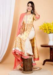  Yellow Complete Gotta Lace Work Cotton Long Kurti Sharara Dupatta Set