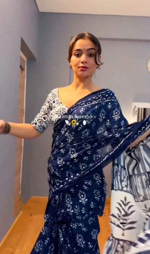 Linen Cotton Blue Printed Ready To Wear Saree by Star Clothing