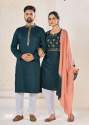Indian Couple Combo Cotton Printed Mens Kurta Pajama and Woman Kurti Pants