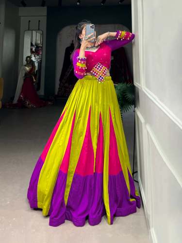 Multicolor Pure Rayon garba chaniya choli With paper mirror