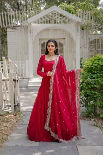 Round Neck Faux Blooming With Rich Sequins Embroidered work Gown