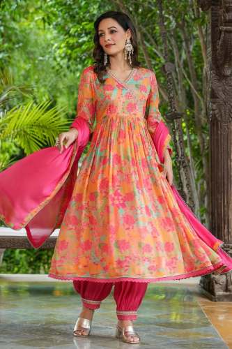 Womens Muslin Multi-color Alia Cut Kurti Pant and Dupatta