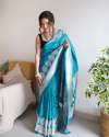Fancy Blue Banarasi Soft Lichi Silk Saree thumb 1