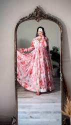 Floral Printed Peach Alia Cut Kurti For Women