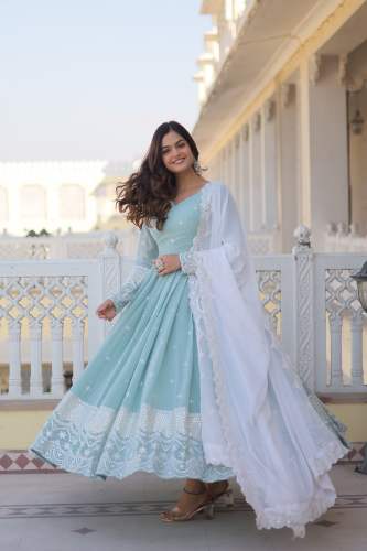 New Collection Sky Blue Faux Georgette Gown With Dupatta