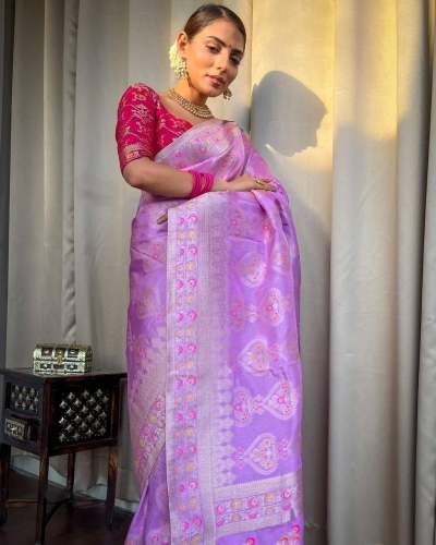 Trendy Lavender Banarasi Soft Silk Saree