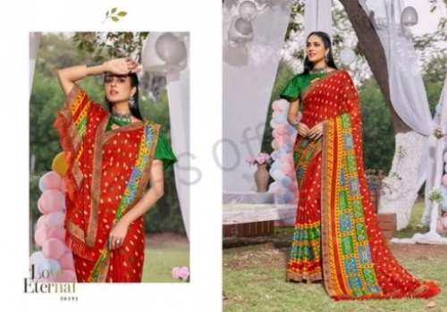 Ridham Fashion Present Red And Green Weightless Chiffon Saree by Ridham Fashions Private Limited