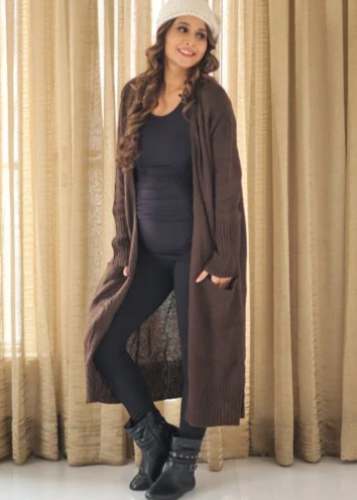 Longline Chocolate Brown Maternity Cardigan by Fresh Venturz LLP
