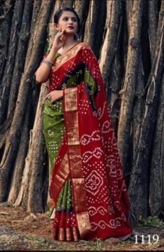 Ladies Party Wear Silver Border Bandhani Saree  by Raj Bandhani Works