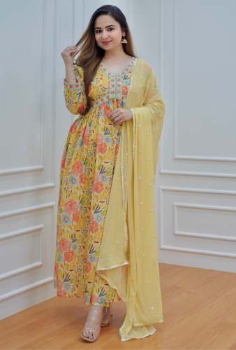 Floral Print Yellow Alia Cut Kurti Set