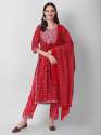 RED NAIRA CUT KURTI WITH PANT AND DUPATTA SETS