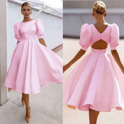 Round Neck Light Pink Puff Sleeves A-Line Dress  by Raika Fashion