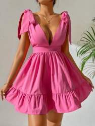 Tie Shoulder Plunging Neck Casual Wear One Pices Dress 