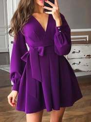Women Lantern Sleeve Overlap Collar Belted One Pices Dress 