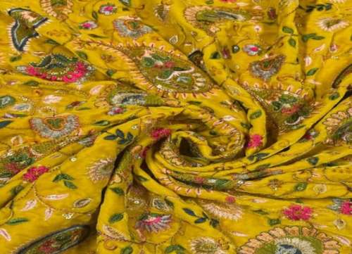 Mustard Yellow velvet Embroidered Fabric  by The Design Cart