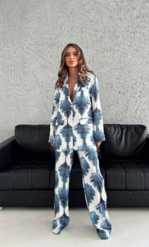 Blue And Off-White Tie-Dye Printed Blazer Style Shirt with Straight Pants
