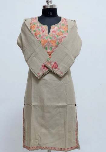 Beige kashmir aari work designer embroidered woollen kurti by Kashmir villa